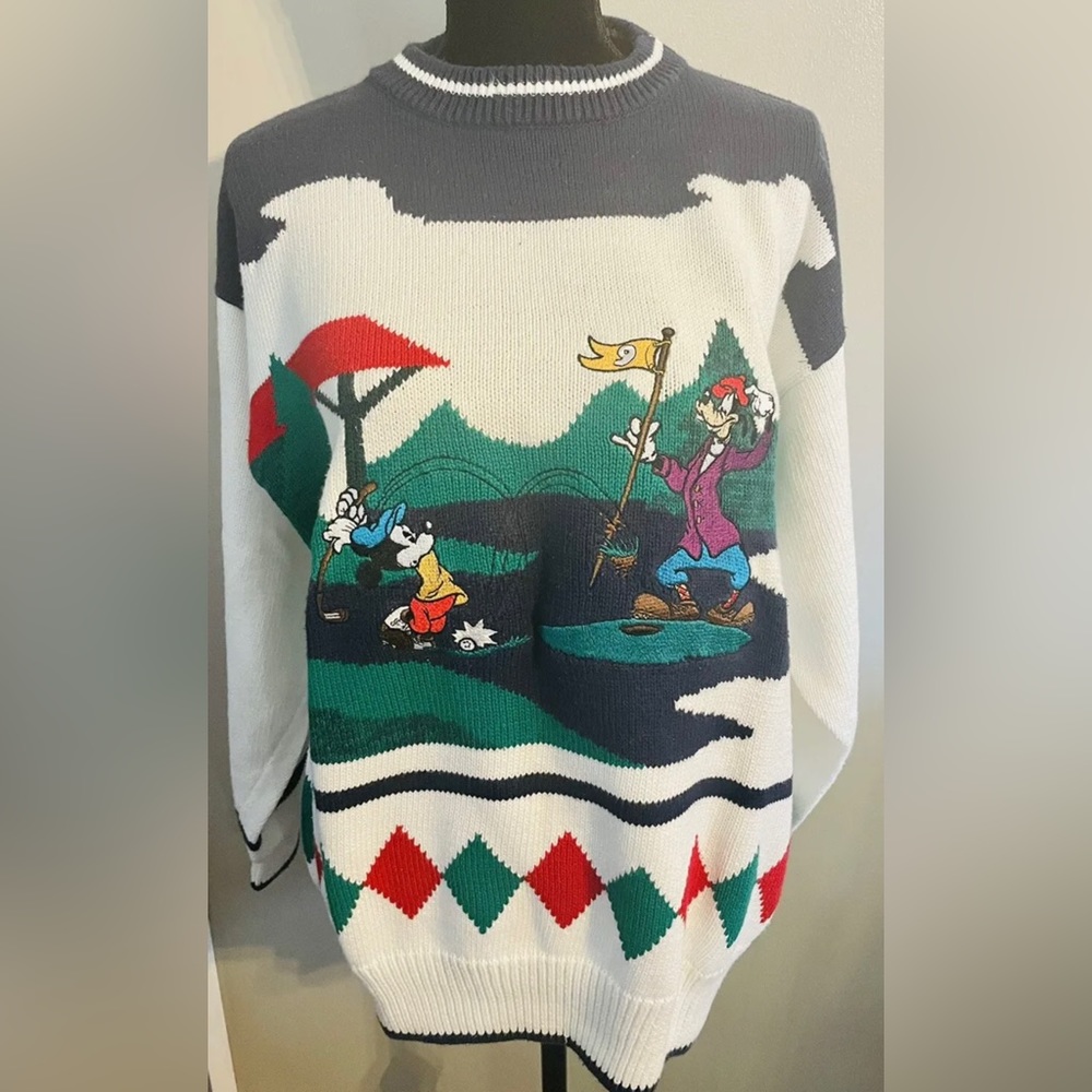 VINTAGE Disney Store Mickey Goofy #9 Knit Embroidered Graphic Golf Sweater 90s L